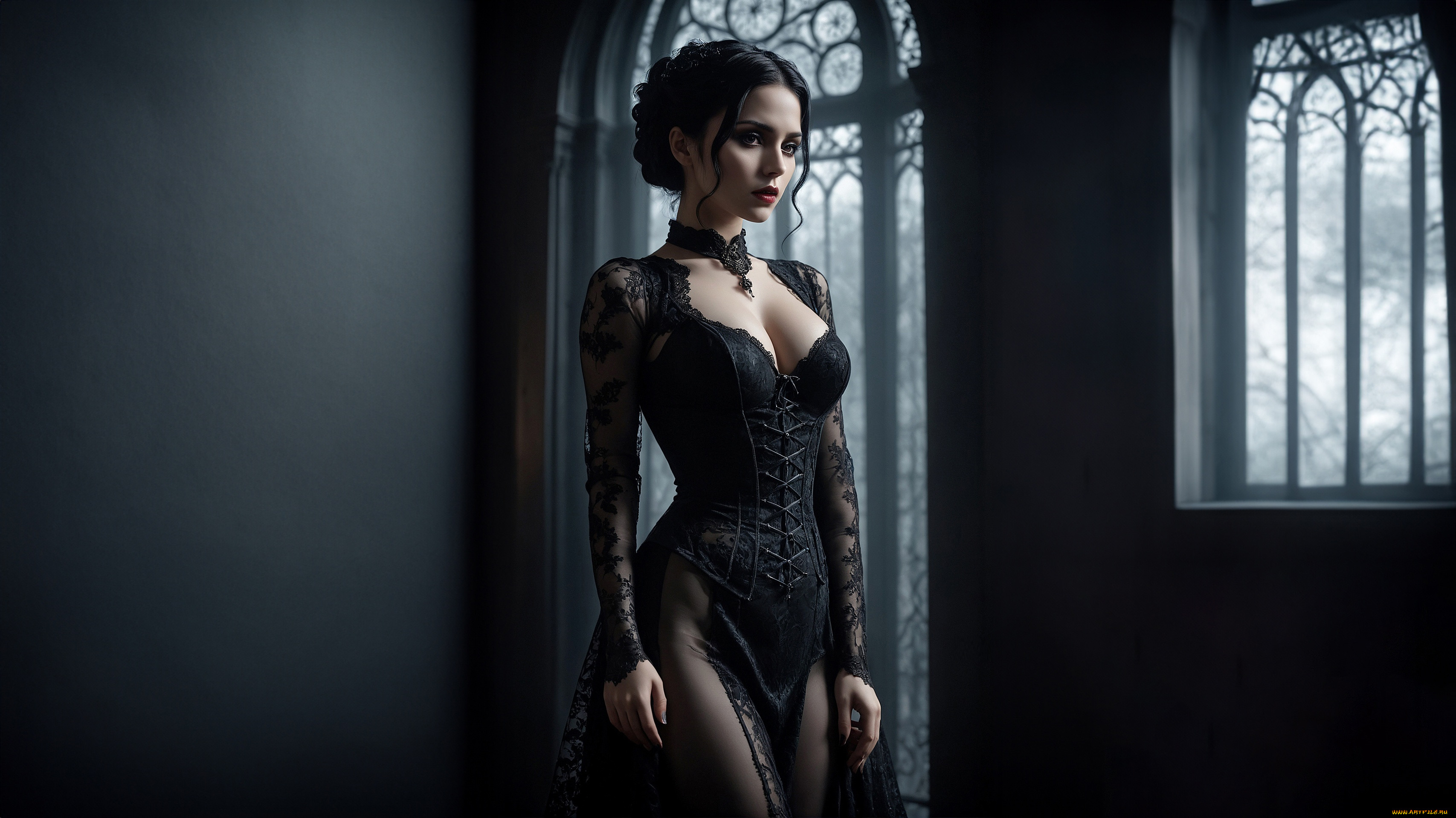 , 3 ,  , people, dark, cleavage, gothic, black, dress, ai, art, neck, cuff